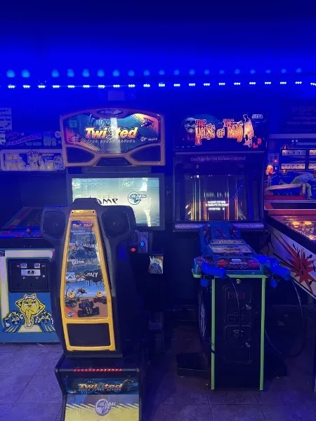 The arcade and game room, lit up for rainy-day fun