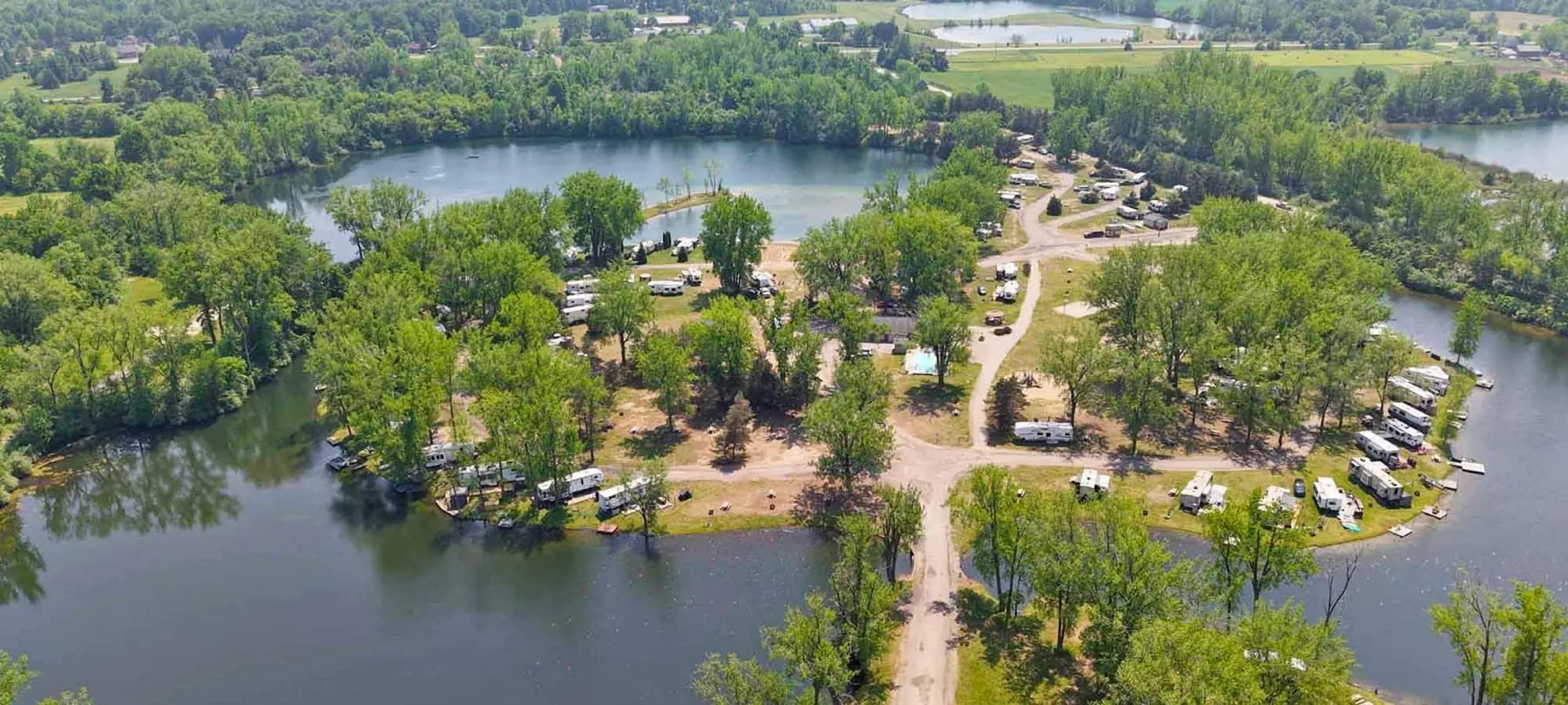 Aerial view of Krystal Lake Campground and its lakes