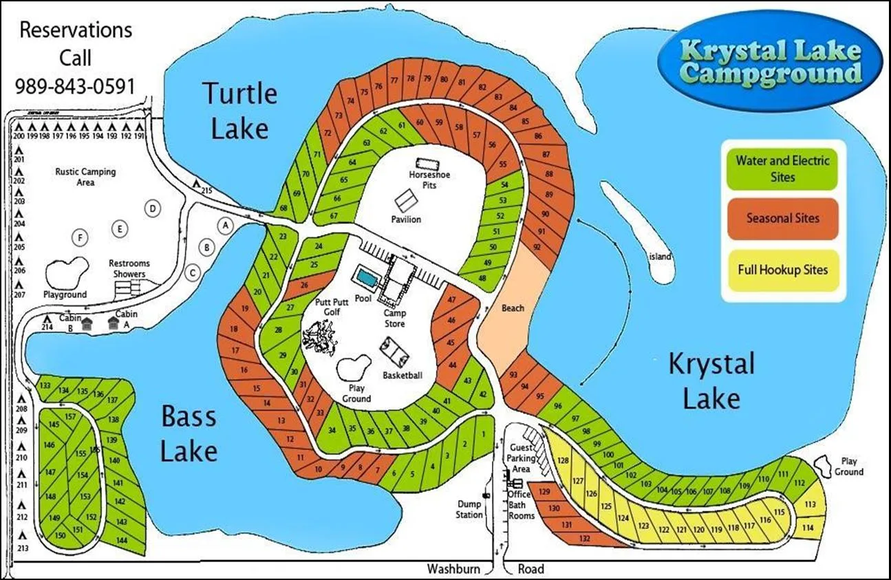 Krystal Lake Campground site map showing all campsites, three lakes, and amenities